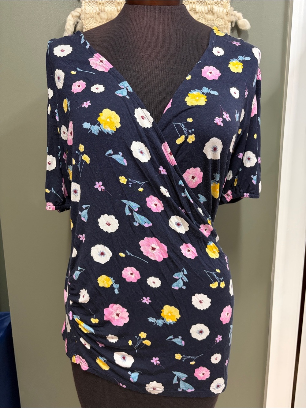 Ann Taylor Navy Floral Short-Sleeve Faux Wrap Top